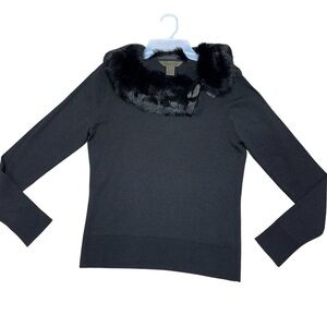 John Paul Richard Black Sweater Removable Rabbit Fur Collar Womens Sz M Elegant